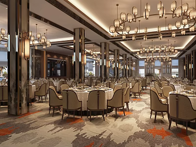 Banquet Hall Interior With Elegant Chandeliers Round Tables And Upholstered Chairs 3d model