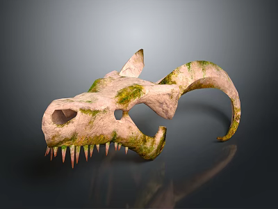 Mythical Creature Skull With Green Moss Covered Curved Horns And Sharp Teeth 3d model