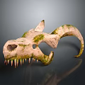 Mythical Creature Skull With Green Moss Covered Curved Horns And Sharp Teeth