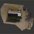 Cartoon Scene with Brick Church Steep Roof Tower on Sandy Ground Small Figures Near Entrance