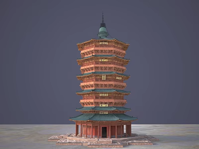 Traditional Multi Tiered Red Tower With Green Roof And Stone Base 3d model