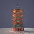 Traditional Multi Tiered Red Tower With Green Roof And Stone Base