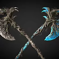Two Crossed Fantasy Style Axes With Intricate Designs Blue And Silver Blades Vine Textured Handles