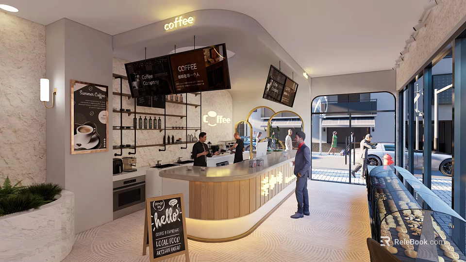 Modern Café Interior With Counter Chalkboard Menu And Coffee Sign 3d model