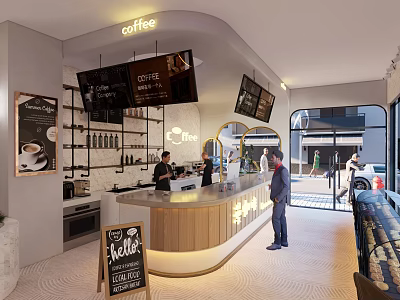 Modern Café Interior With Counter Chalkboard Menu And Coffee Sign 3d model