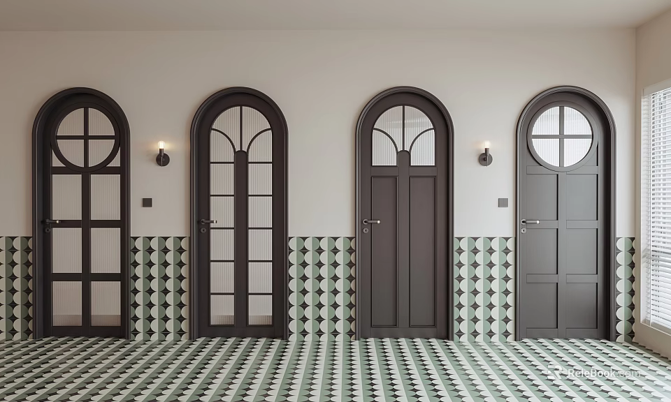Dark Colored Hinged Doors in Room With Geometric Pattern Wall Floor Tiles And Wall Lamps 3d model 