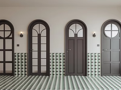 Dark Colored Hinged Doors in Room With Geometric Pattern Wall Floor Tiles And Wall Lamps 3d model