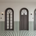 Dark Colored Hinged Doors in Room With Geometric Pattern Wall Floor Tiles And Wall Lamps