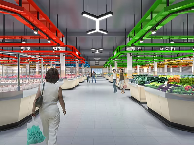 Modern Supermarket Interior Where Customers Shop Along Shelves With Fresh Produce And Colorful Decorations 3d model