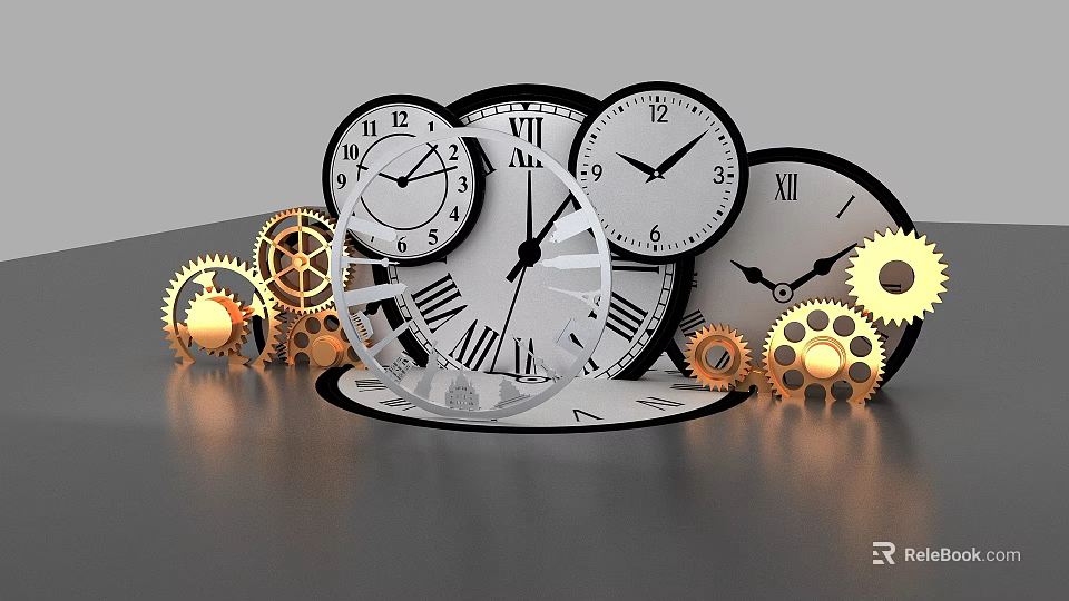 Vintage and Modern Clocks with Golden Gears in Mechanical Display Setup 3d model 
