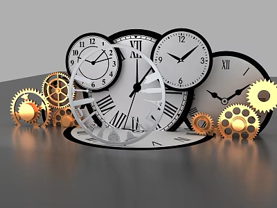Vintage and Modern Clocks with Golden Gears in Mechanical Display Setup 3d model
