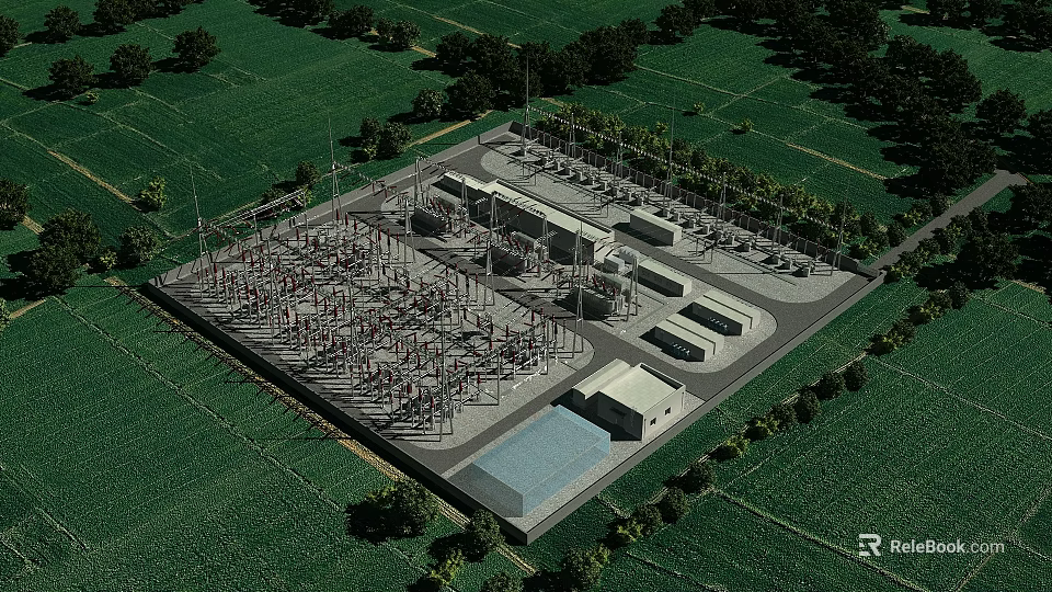 Aerial View of Industrial Plant With Green Fields Trees Equipment Pipelines and Building Layout 3d model 
