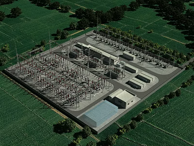Aerial View of Industrial Plant With Green Fields Trees Equipment Pipelines and Building Layout 3d model