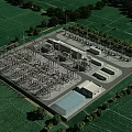Aerial View of Industrial Plant With Green Fields Trees Equipment Pipelines and Building Layout
