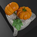 Fresh Orange Pumpkins Placed on White Lace Tablecloth with Green Leaf 3d model