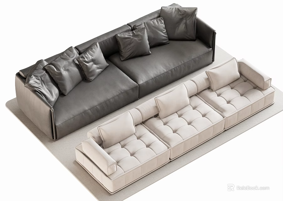Modern Stylish Sectional Sofa With Gray And Beige Tufted Cushions And Plush Pillows 3d model 