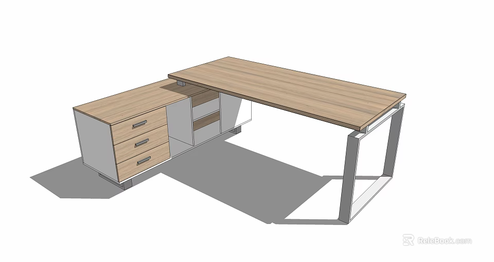 Modern Wooden Office Desk With Metal Frame And Drawer Storage 3d model 