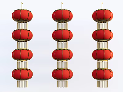 Traditional Red Lanterns Stacked in Three Strings with Golden Trim for Festive Decorations 3d model