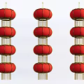 Traditional Red Lanterns Stacked in Three Strings with Golden Trim for Festive Decorations