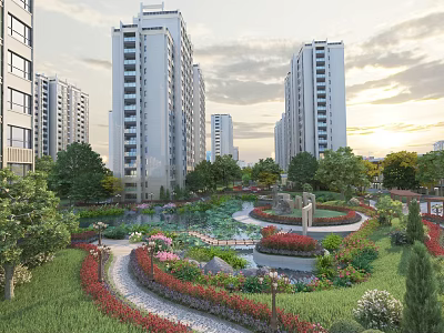 Beautiful Courtyard Garden Among High Rise Buildings With Lush Greenery Colorful Flowers And Curved Pathways 3d model