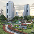 Beautiful Courtyard Garden Among High Rise Buildings With Lush Greenery Colorful Flowers And Curved Pathways
