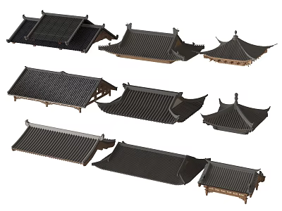 Various Traditional Chinese Architectural Roof Structures With Black Tiles And Wooden Frames 3d model
