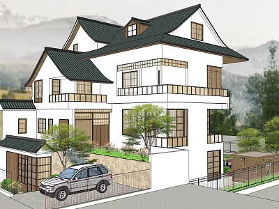 Traditional Chinese Detached Villa With Tile Roof Balconies Mountain Backdrop And Greenery 3d model