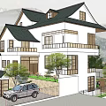 Traditional Chinese Detached Villa With Tile Roof Balconies Mountain Backdrop And Greenery