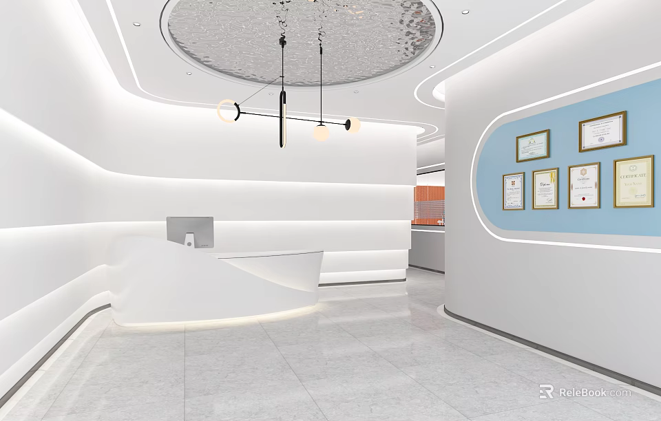 Modern Hospital Outpatient Clinic Interior With Reception Desk And Certificates On Wall 3d model 