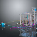 3D Industrial Model Displaying Transparent Framework Colored Pipelines And Structural Components