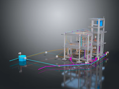 3D Industrial Model Displaying Transparent Framework Colored Pipelines And Structural Components 3d model