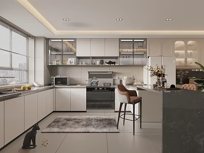 Modern Kitchen Interior Design With White Cabinets Island Counter And Appliances 3d model