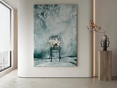 Abstract Painting With Blue Green Hues Chair Flower Bouquet And Vase In Interior 3d model
