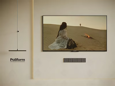 Poliform Wall Mounted TV Displaying Desert Scene With Campfire in Minimalist Room Setting 3d model