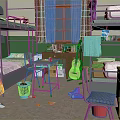Dorm Room Interior With Bunk Beds Green Walls Plaid Curtains Desk Guitar And Scattered Items