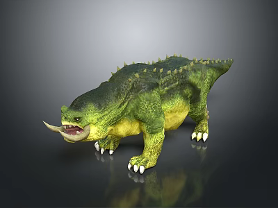 Spiked Fierce Prehistoric Creature With Green Yellow Body Thick Legs And Large Tusks 3d model