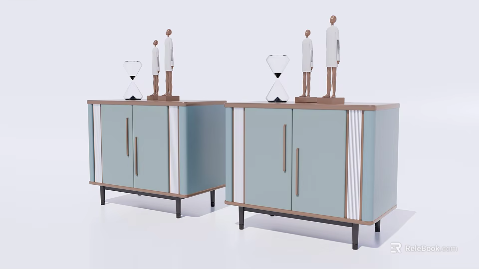 Modern Light Blue Bedside Nightstand With Wooden Top Black Metal Legs And Decorative Hourglass Figurines 3d model 