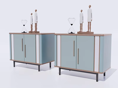 Modern Light Blue Bedside Nightstand With Wooden Top Black Metal Legs And Decorative Hourglass Figurines 3d model