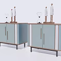 Modern Light Blue Bedside Nightstand With Wooden Top Black Metal Legs And Decorative Hourglass Figurines