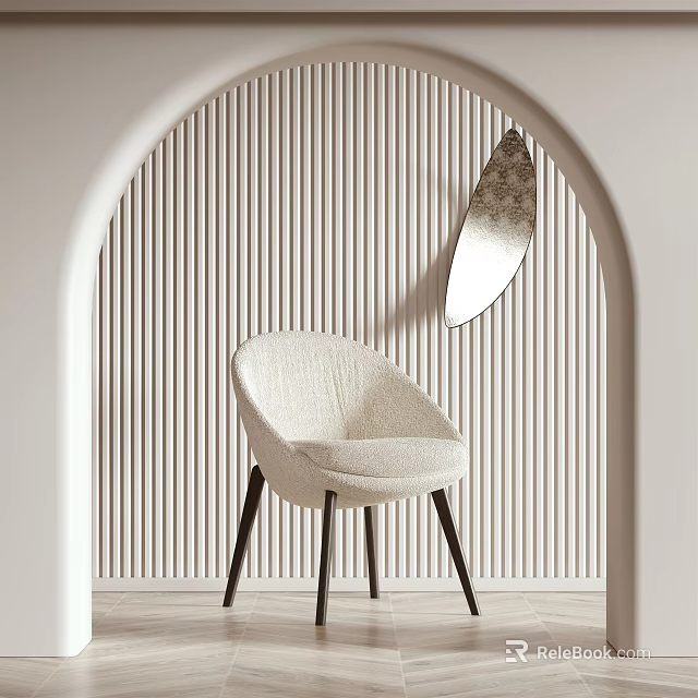 Beige Upholstered Accent Chair with Dark Legs Against Vertical Striped Wall and Oval Mirror 3d model 