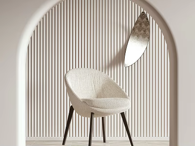 Beige Upholstered Accent Chair with Dark Legs Against Vertical Striped Wall and Oval Mirror 3d model