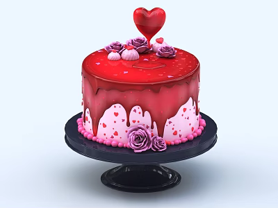 Red Dripping Cake With Red Heart Purple Roses And Pink Sprinkles On Black Stand 3d model