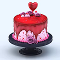 Red Dripping Cake With Red Heart Purple Roses And Pink Sprinkles On Black Stand