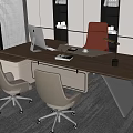 Modern Office Interior Design With Wooden Desk Leather Chair Computer And Bookshelves