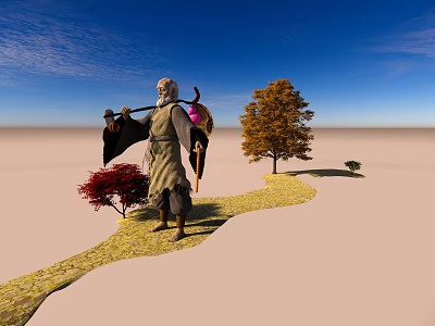 Man Carrying Bundle With Cow Near Trees On Sandy Ground Under Blue Sky 3d model