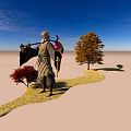 Man Carrying Bundle With Cow Near Trees On Sandy Ground Under Blue Sky
