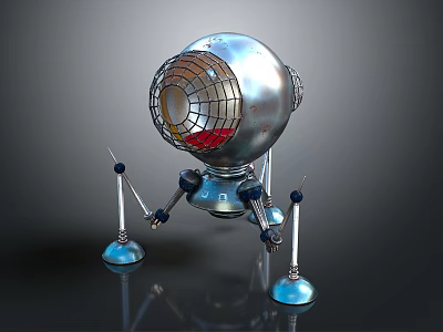 Silver Spherical Space Exploration Robot With Metal Mesh Head And Blue Support Legs 3d model