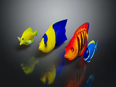Colorful Tropical Fish With Bright Yellow Blue And Red Patterns On Shiny Surface 3d model