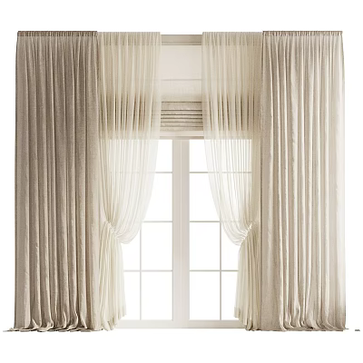 Elegant Beige Velvet Curtains With Sheer Panels For Modern Window Interior 3d model