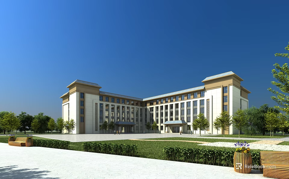 Modern Symmetrical School Building with Light Facade Dark Roof and Lawn Trees in Front Plaza 3d model 
